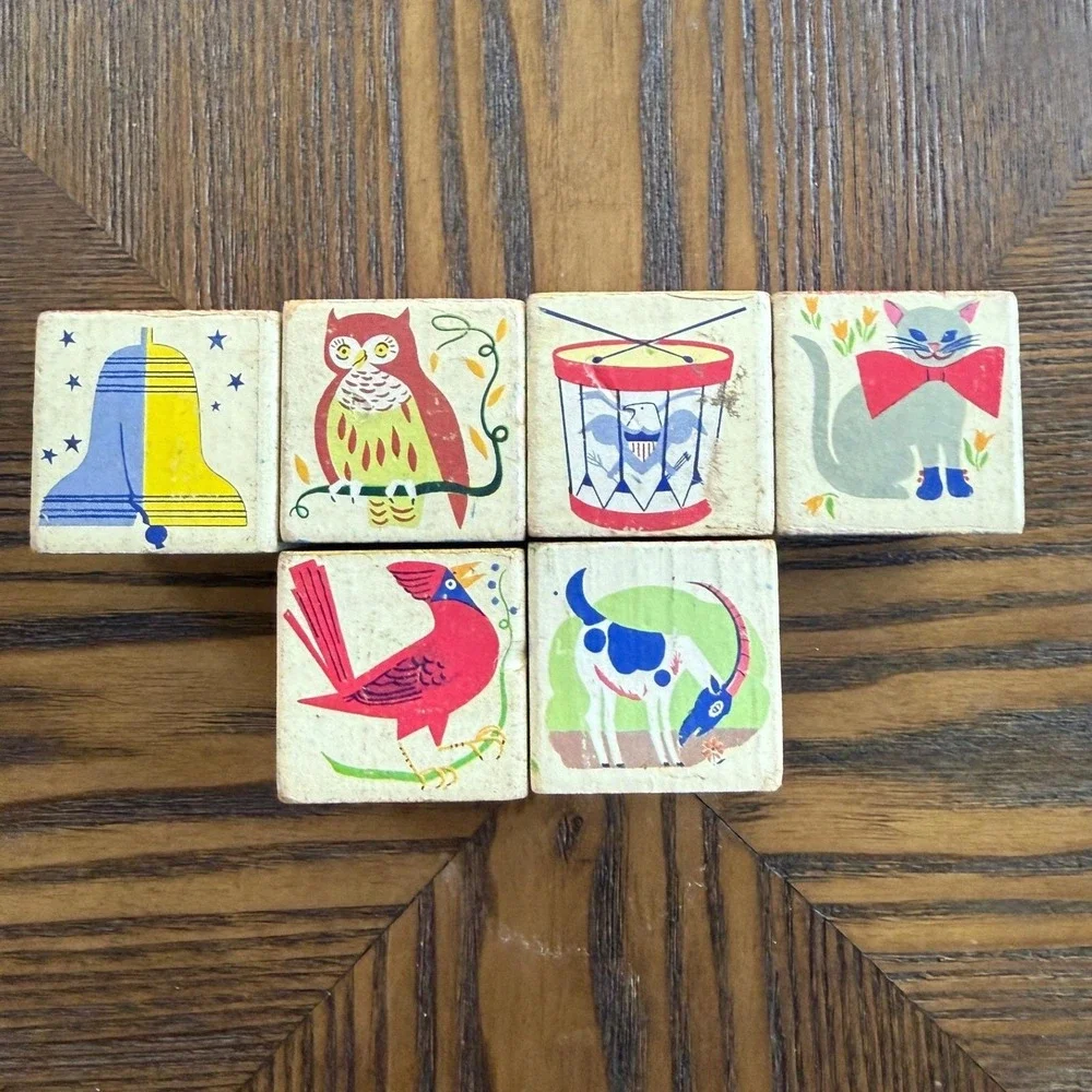 Vintage Wood Alphabet Blocks Set of 6 - 1950s Picture Cube Toys - Nursery Decor